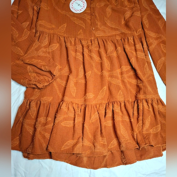 Umgee Rust Boho Babydoll Dress Medium Tiered Flowy Fall Boutique - Picture 3 of 9